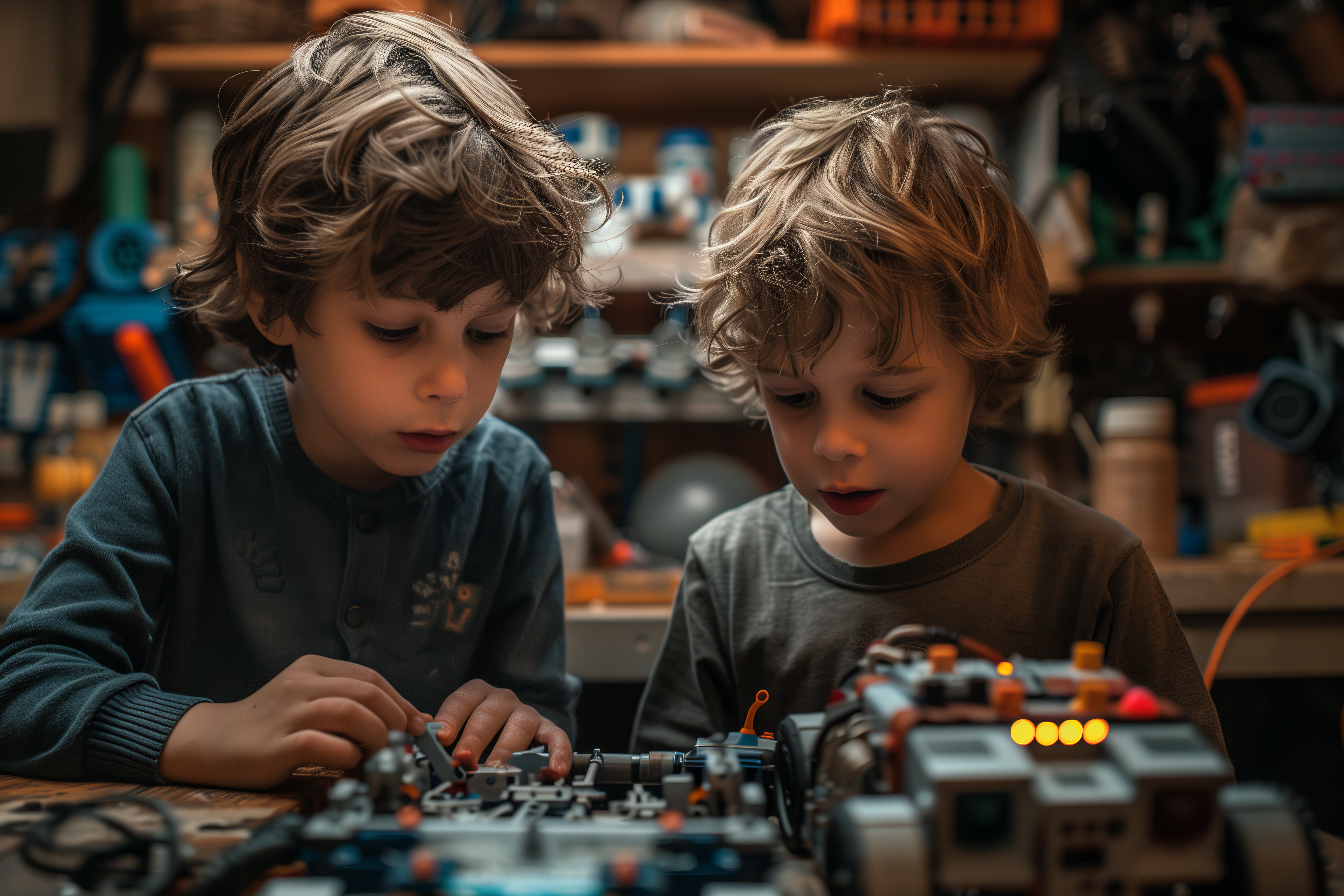 Kids building with wooden blocks